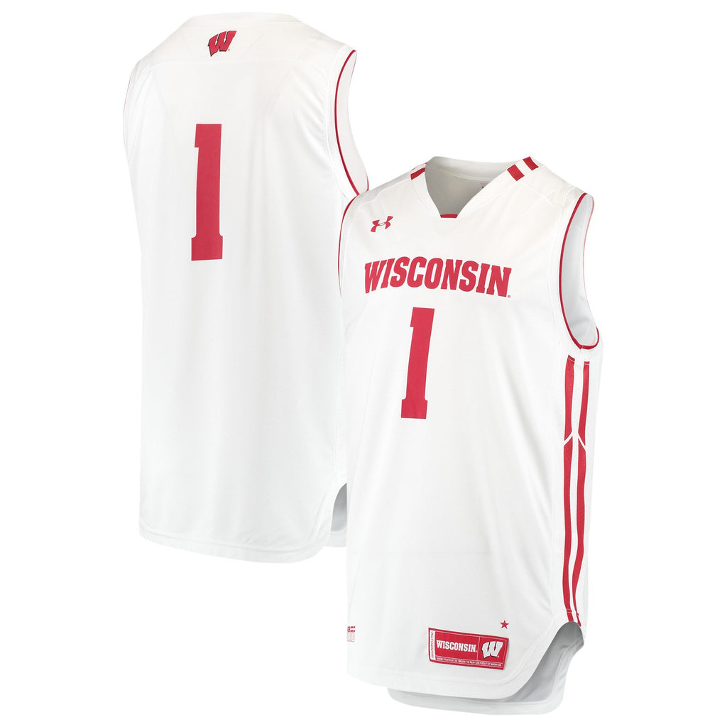 Men's Under Armour White/Red #1 Wisconsin Badgers Replica Basketball Jersey