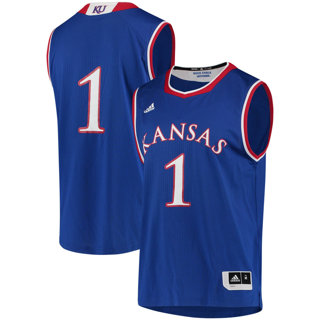 Men's Adidas #1 Royal Kansas Jayhawks Replica Basketball Jersey